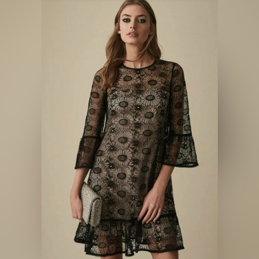 REISS Jade Floral Lace Bell Sleeve Semi Sheer Mini Dress Black Sz 2